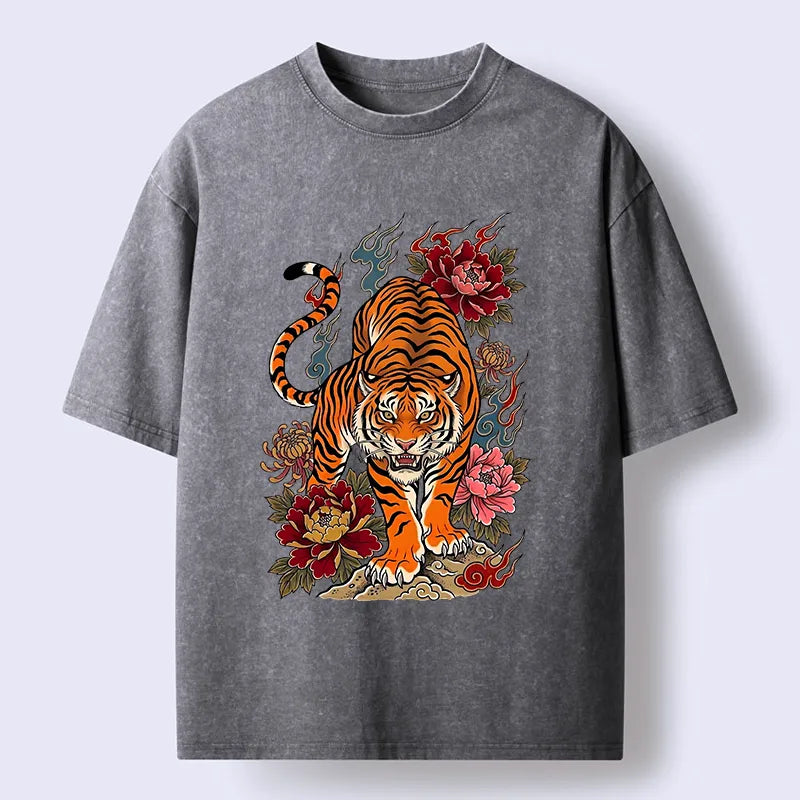 Kyoto-Lion Floral Tiger Art Washed T-Shirt