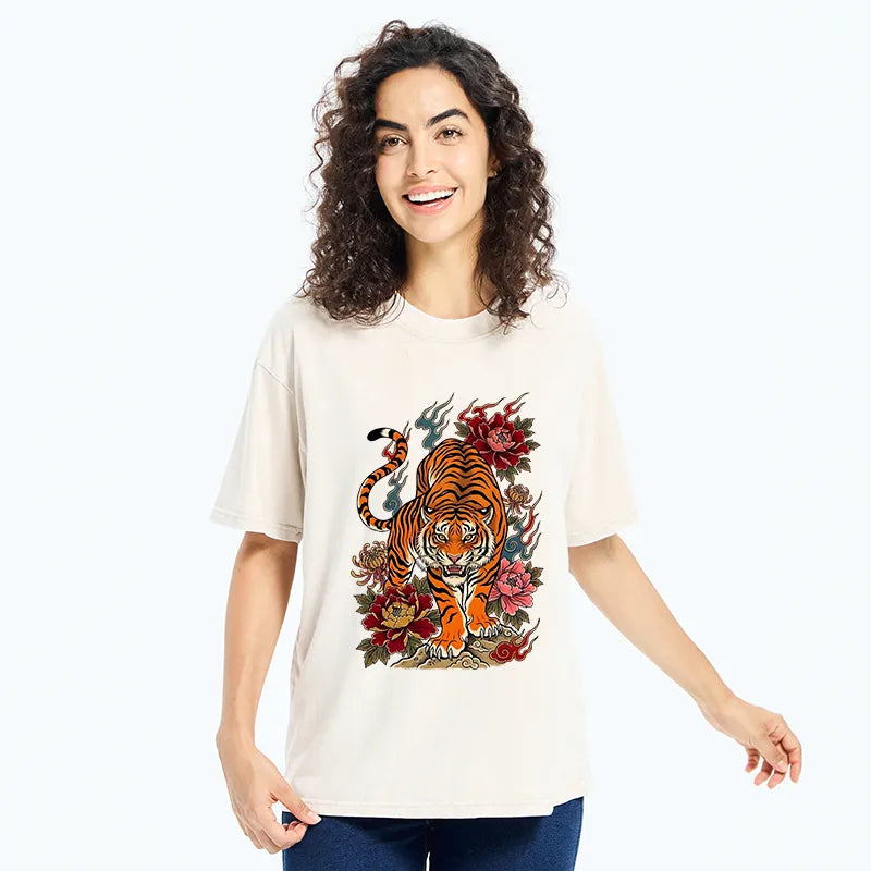 Kyoto-Lion Floral Tiger Art Washed T-Shirt