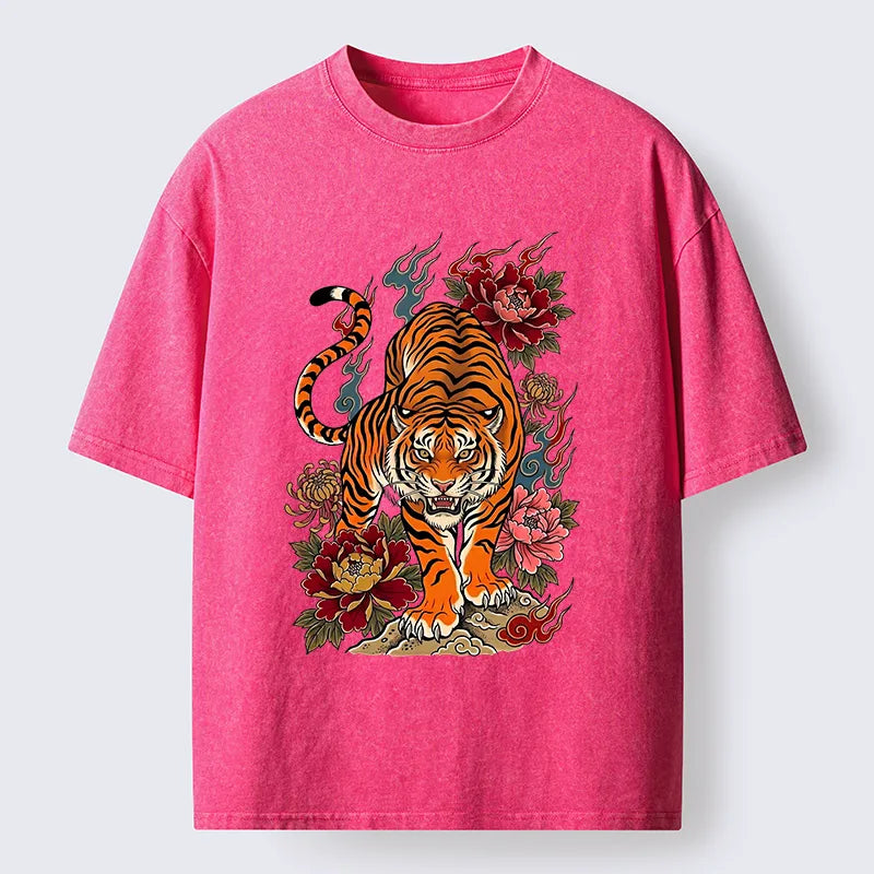 Kyoto-Lion Floral Tiger Art Washed T-Shirt