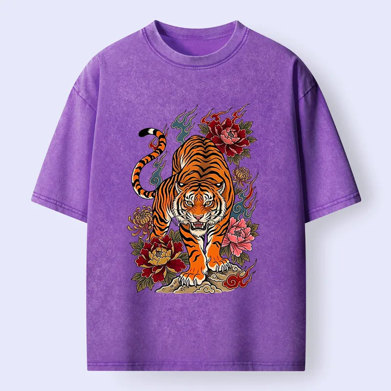 Kyoto-Lion Floral Tiger Art Washed T-Shirt