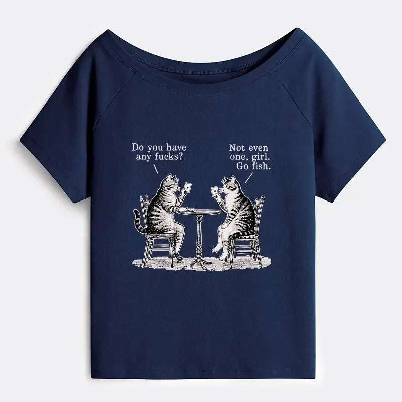 Kyoto-Lion Cat Poker Night Off Shoulder T-Shirt
