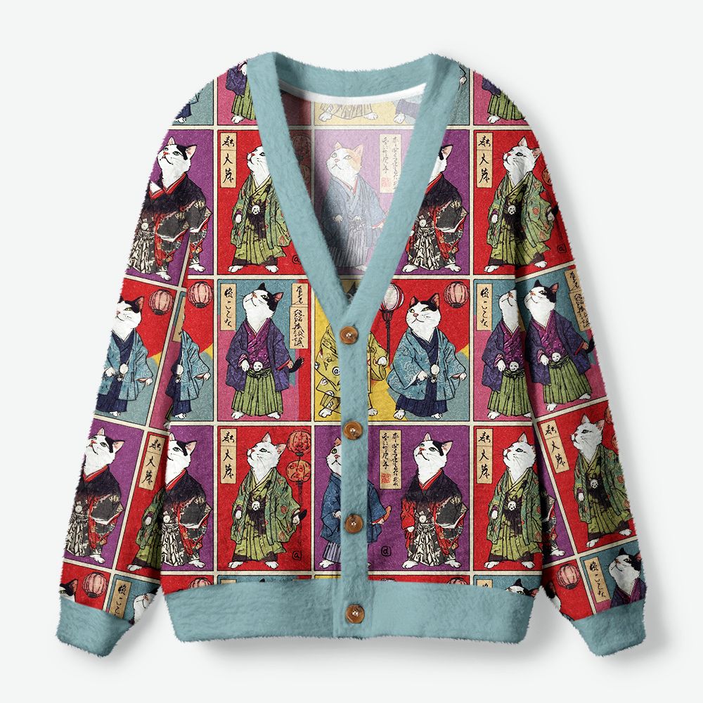Kyoto-Lion Vintage Samurai Cat Ugly Cardigan Sweater