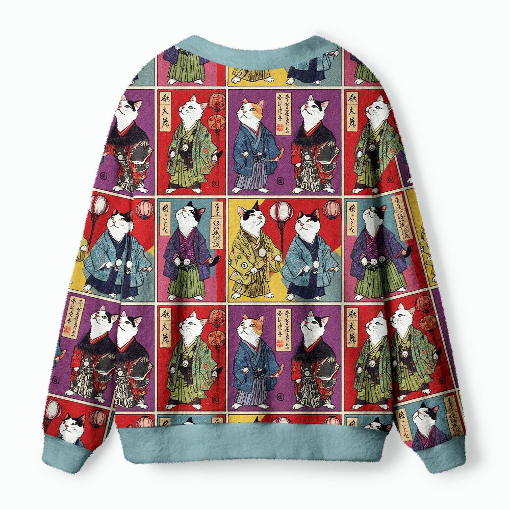 Kyoto-Lion Vintage Samurai Cat Ugly Cardigan Sweater