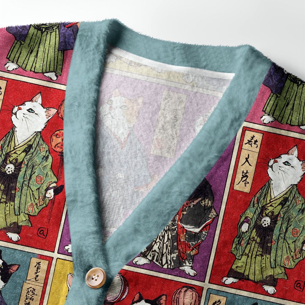 Kyoto-Lion Vintage Samurai Cat Ugly Cardigan Sweater