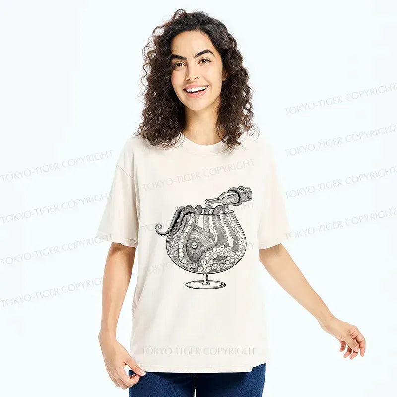 Ukiyo-e Octopus Drinking Wine T-Shirt Trendy