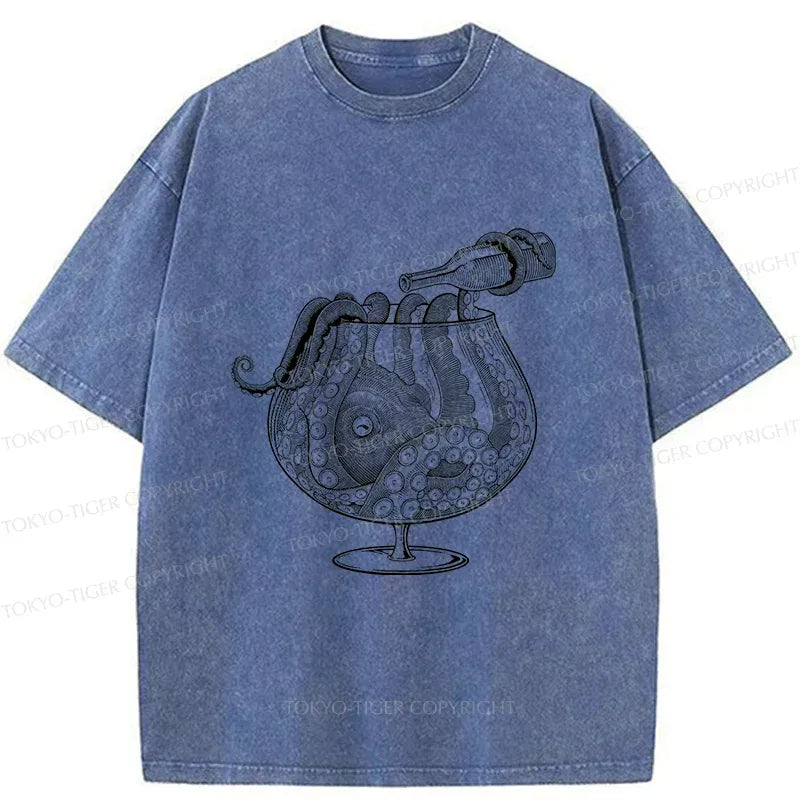 Kyoto-Lion Octopus Drinking Wine Washed T-Shirt