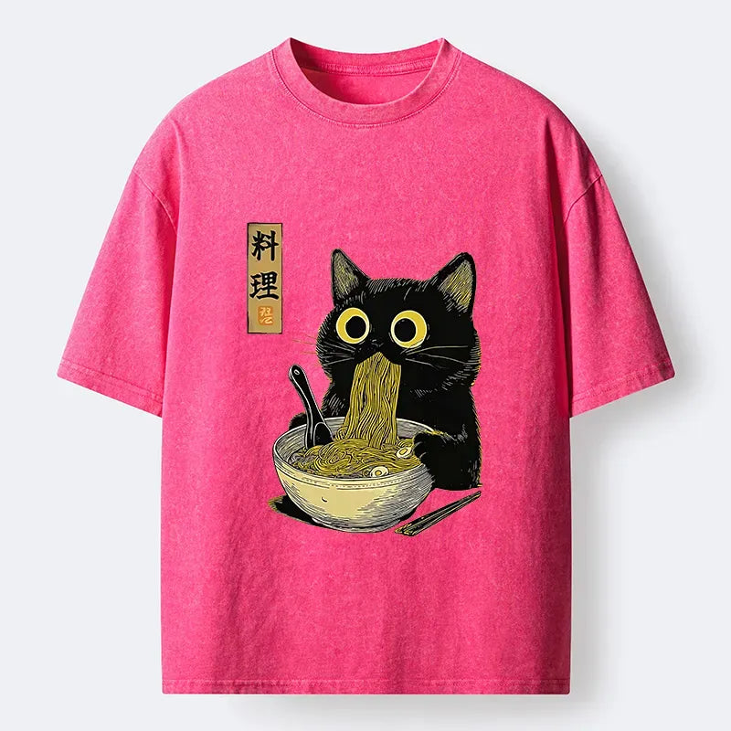 Kyoto-Lion Japanese Black Cat Ramen Noodle Washed T-Shirt