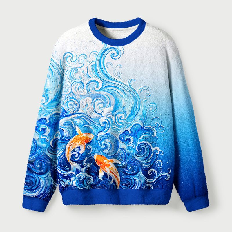 Kyoto-Lion Van Gogh's Wave Red Koi Fuzzy Christmas Ugly Sweatshirt