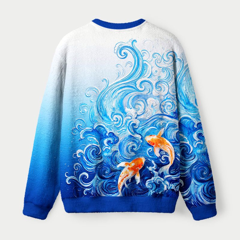 Kyoto-Lion Van Gogh's Wave Red Koi Fuzzy Christmas Ugly Sweatshirt