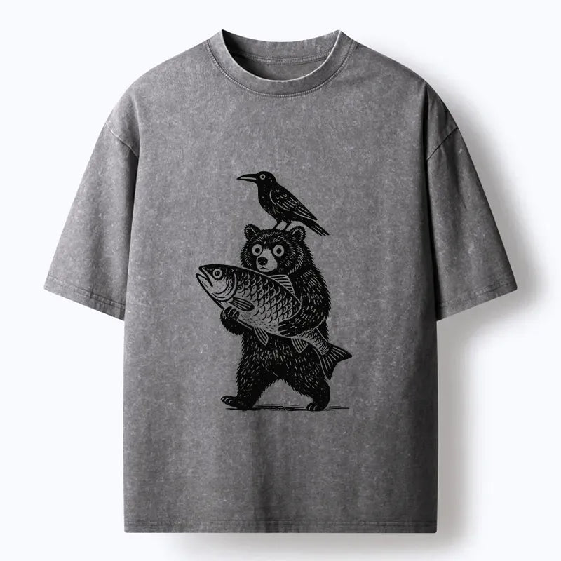 Kyoto-Lion Bear Fish Crow Print Washed T-Shirt
