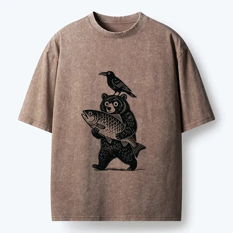 Kyoto-Lion Bear Fish Crow Print Washed T-Shirt