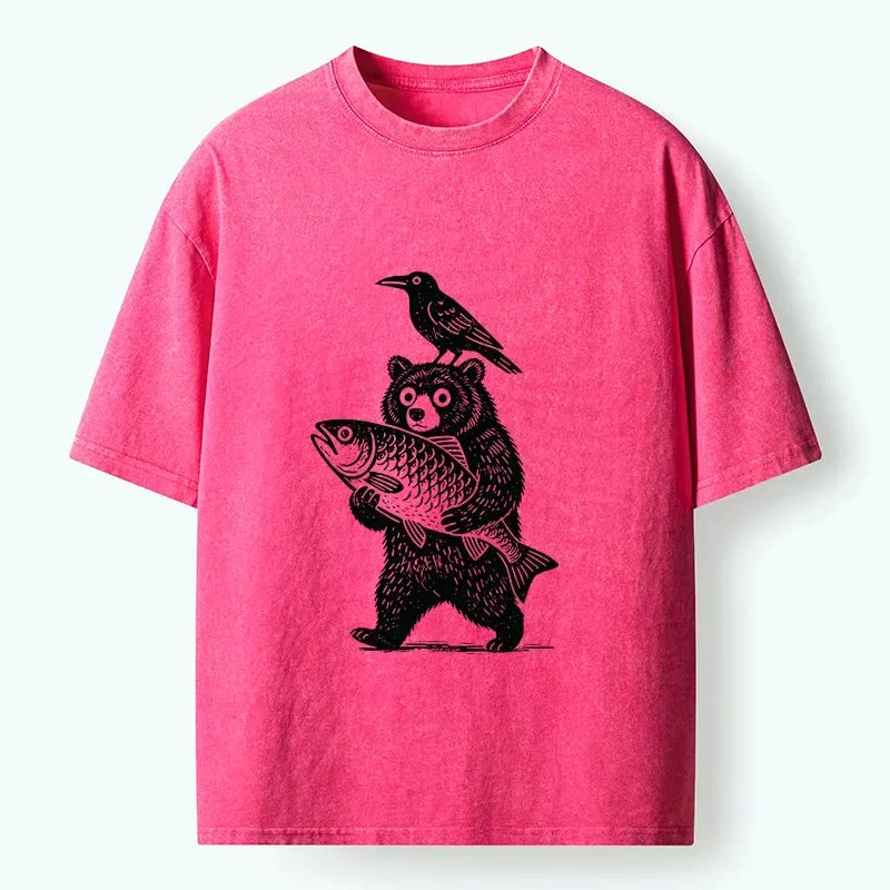 Kyoto-Lion Bear Fish Crow Print Washed T-Shirt