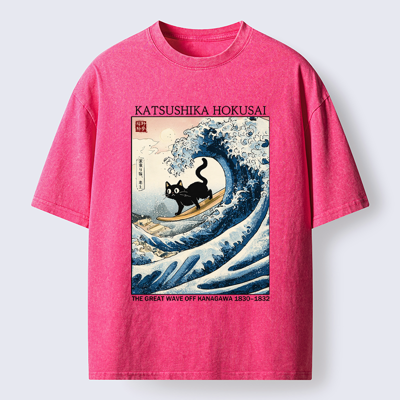 Kyoto-Lion Catch the Wave, Cat! Washed T-Shirt