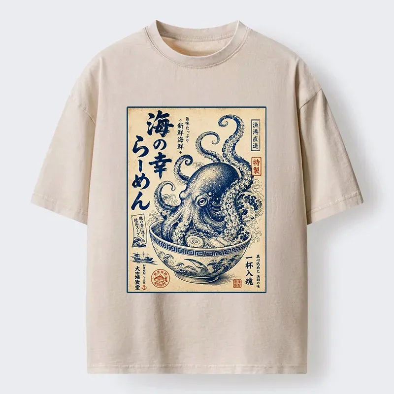 Kyoto-Lion Vintage Octopus Ramen Japanese Poster Washed T-Shirt