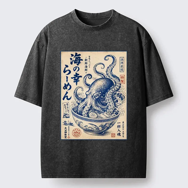 Octopus Ukiyo-e Washed T-Shirt Trendy