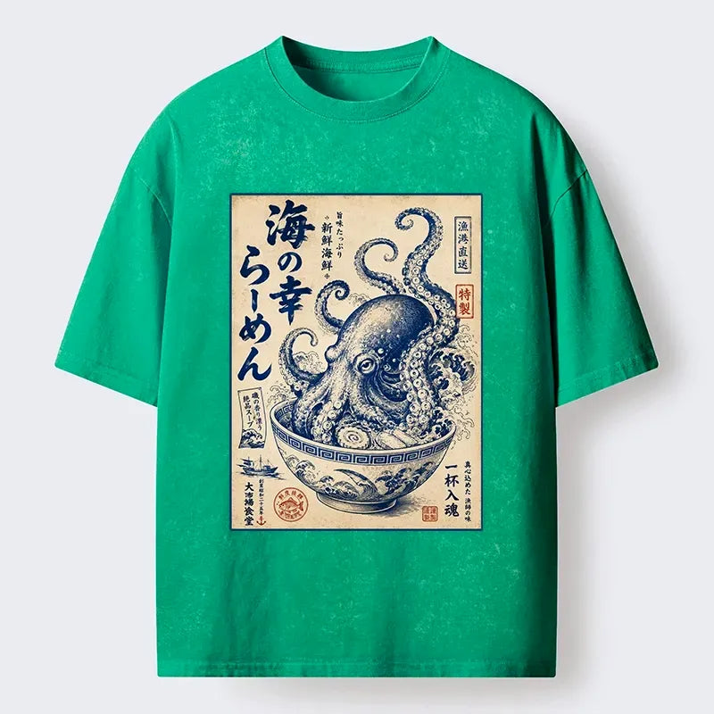 Octopus Ukiyo-e Washed T-Shirt Trendy