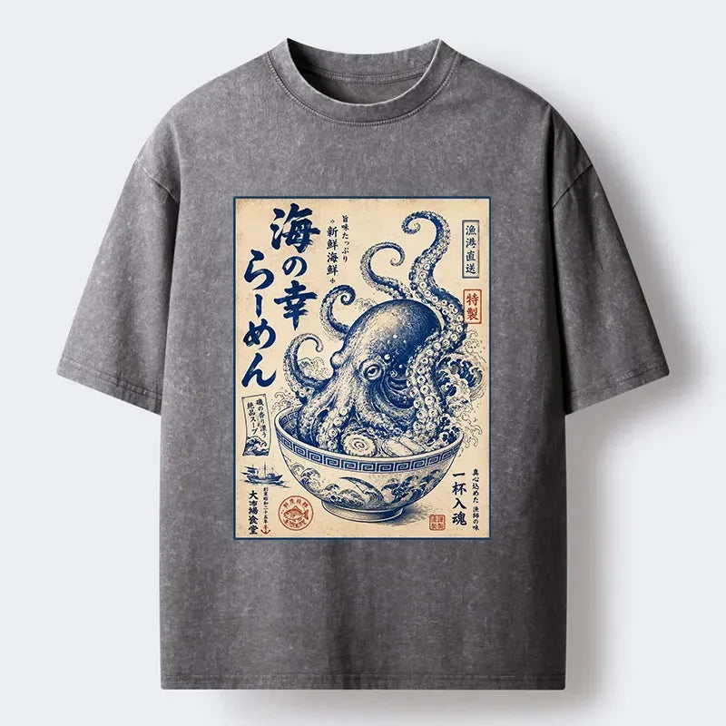 Kyoto-Lion Vintage Octopus Ramen Japanese Poster Washed T-Shirt
