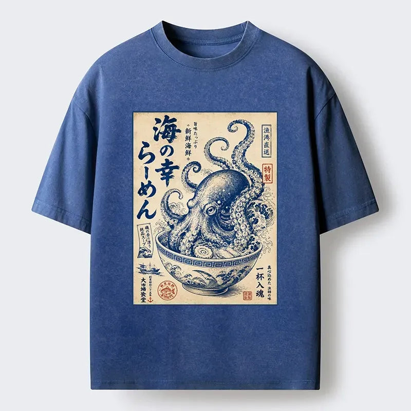 Octopus Ukiyo-e Washed T-Shirt Trendy