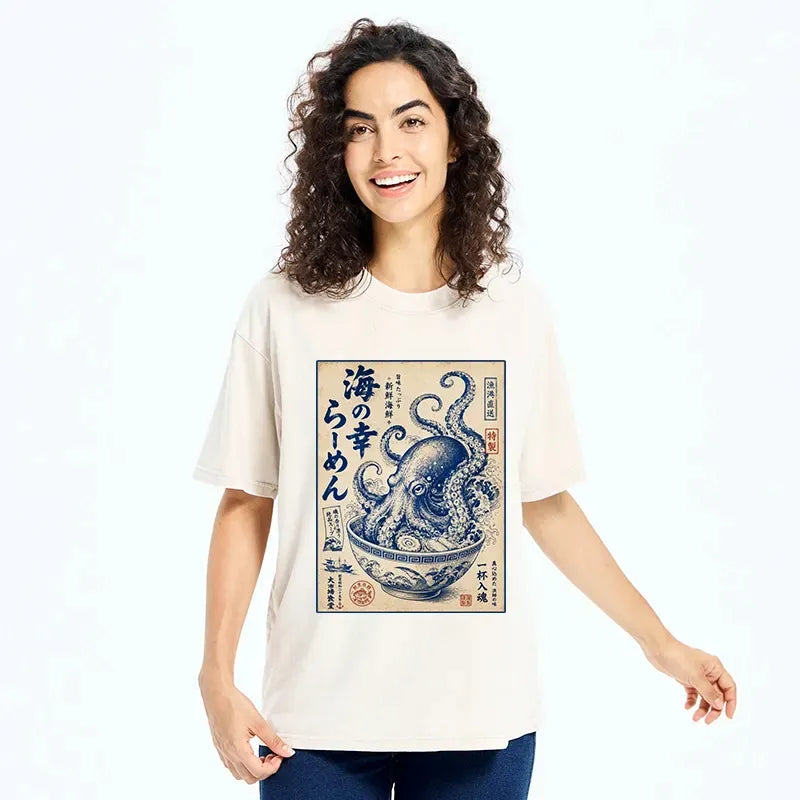 Kyoto-Lion Vintage Octopus Ramen Japanese Poster Washed T-Shirt