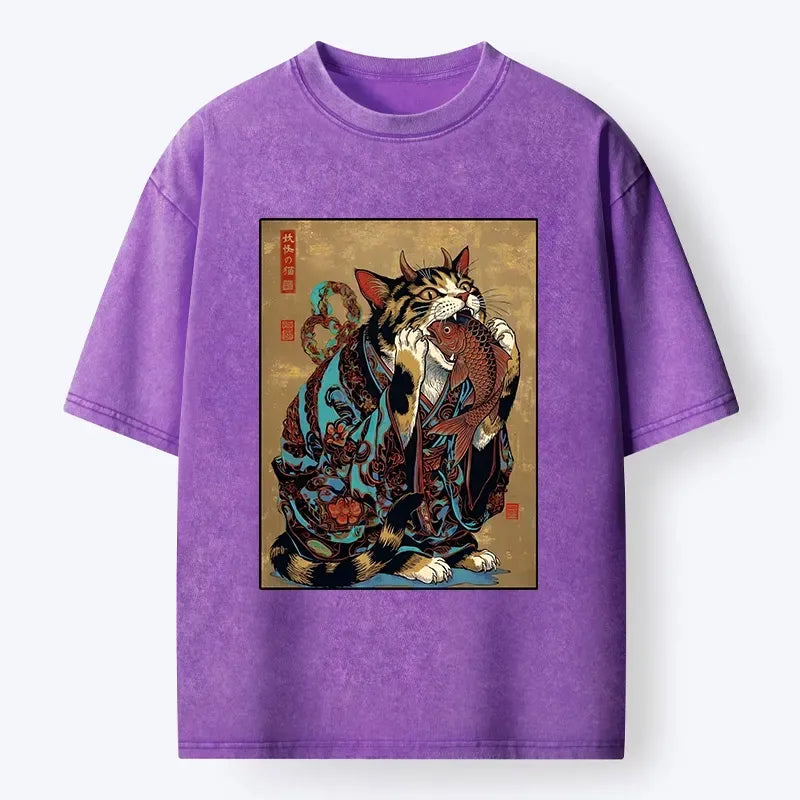 Kyoto-Lion Samurai Cat Eating Fish Washed T-Shirt