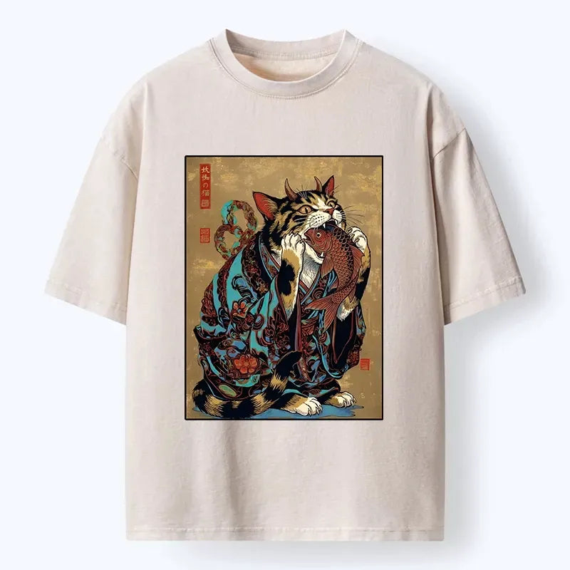 Kyoto Cat Eating Fish Shirt for Daily Wear