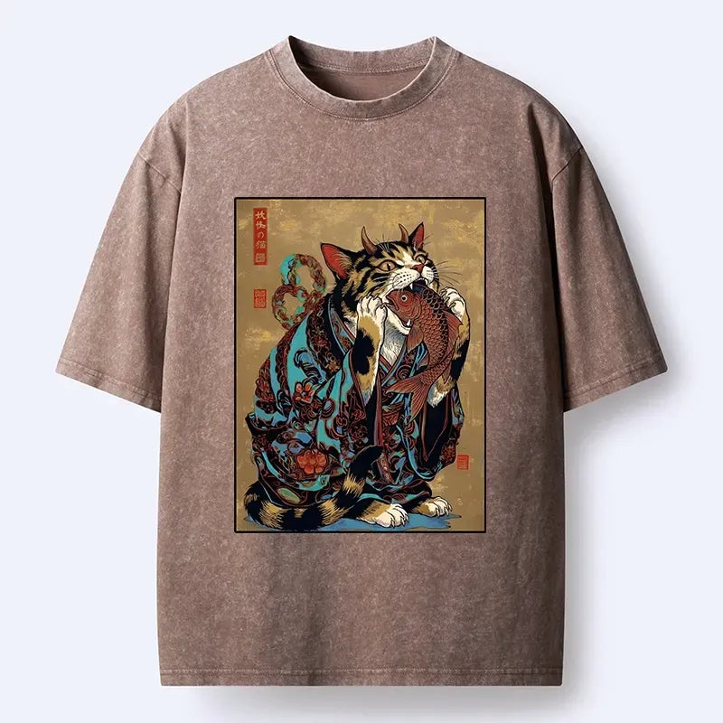 Kyoto Cat Eating Fish Shirt for Daily Wear