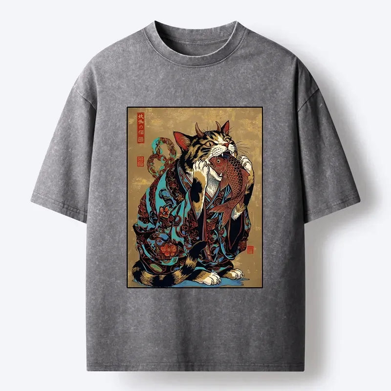 Kyoto-Lion Samurai Cat Eating Fish Washed T-Shirt