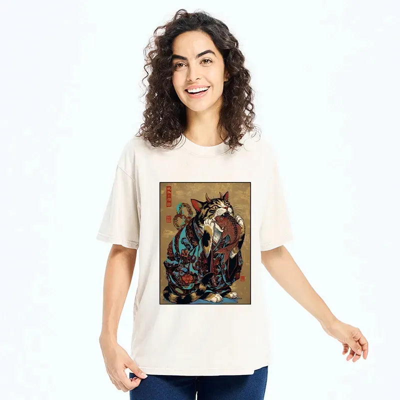 Kyoto Cat Eating Fish Shirt for Daily Wear