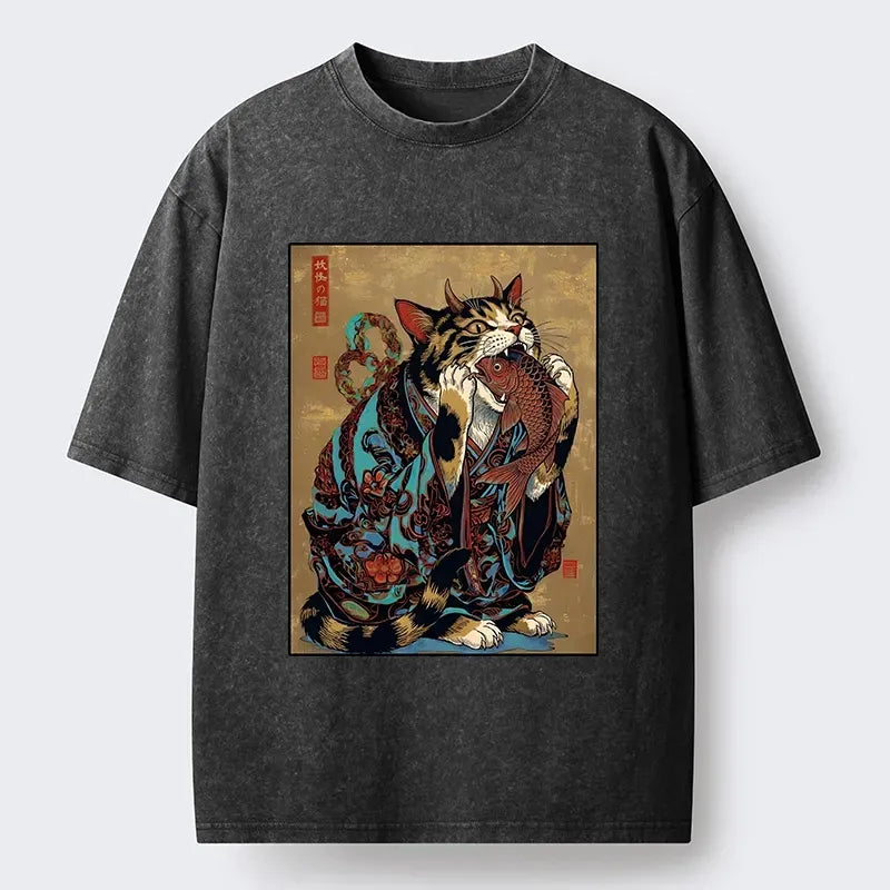 Kyoto Cat Eating Fish Shirt for Daily Wear