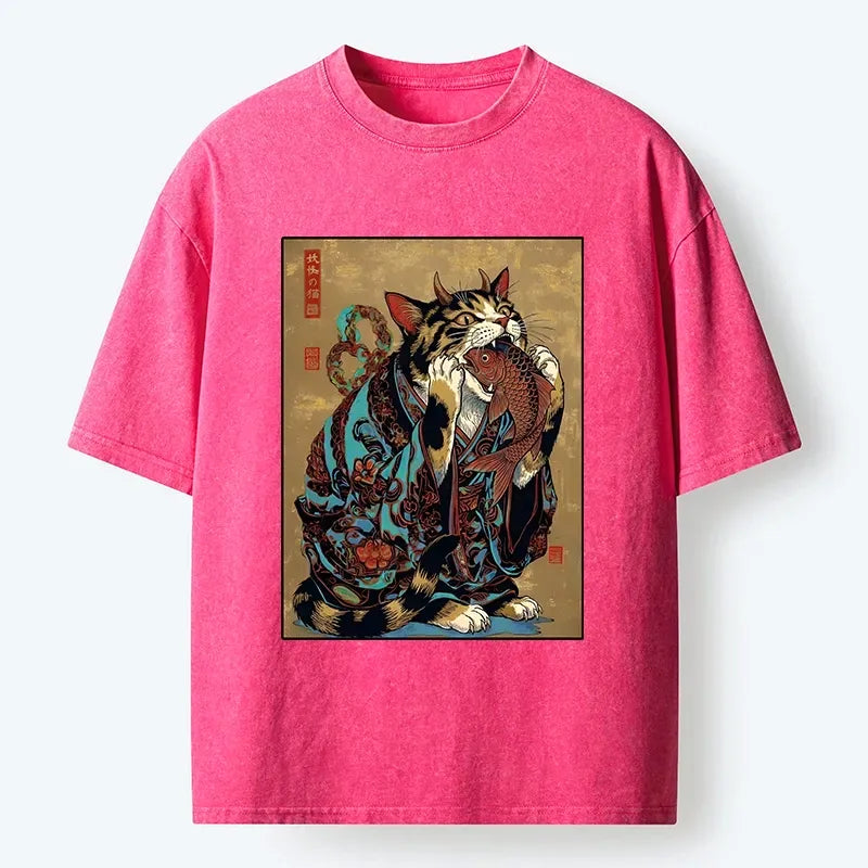 Kyoto-Lion Samurai Cat Eating Fish Washed T-Shirt