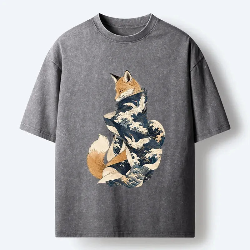 Kyoto-Lion Traditional Wave Crane Fox Graphic Print Washed T-Shirt