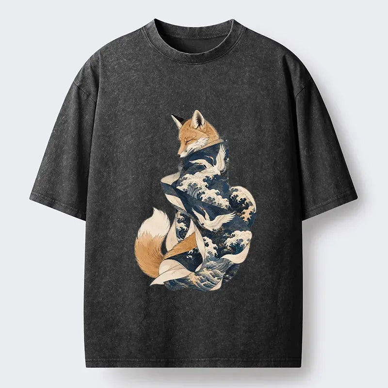 Kyoto-Lion Traditional Wave Crane Fox Graphic Print Washed T-Shirt
