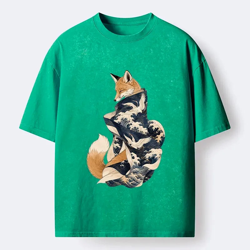 Kyoto-Lion Traditional Wave Crane Fox Graphic Print Washed T-Shirt