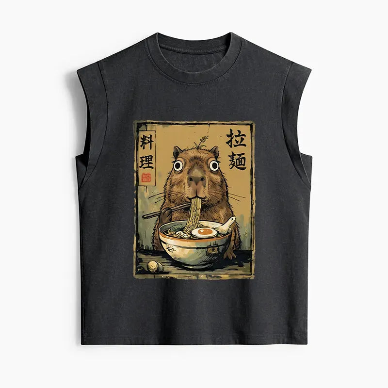 Kyoto-Lion Cute Capybara Eating Ramen Women's Washed Tank Tops