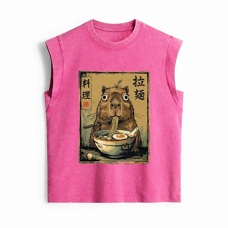 Japanese Capybara Eating Ramen Washed Tank Top