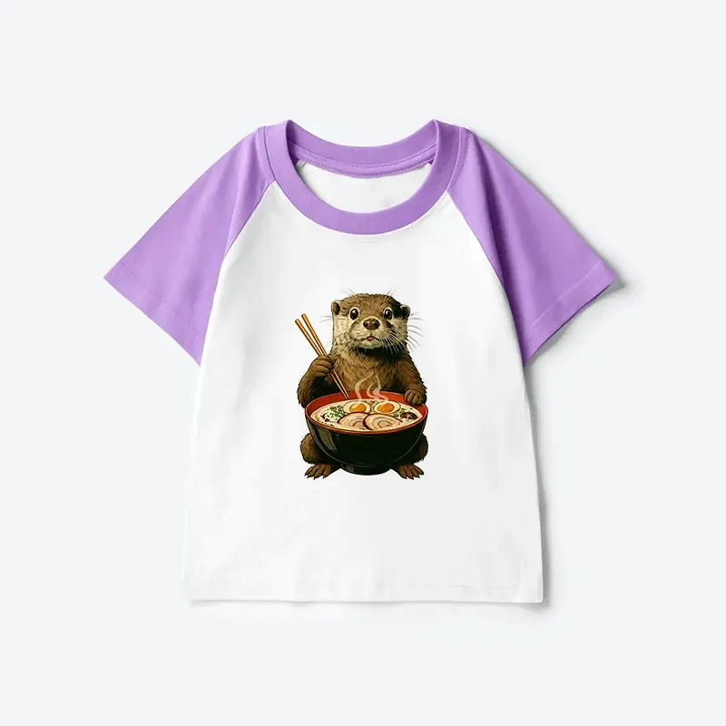 Kyoto-Lion Japanese Otter Eating Ramen Kids Raglan T-shirt