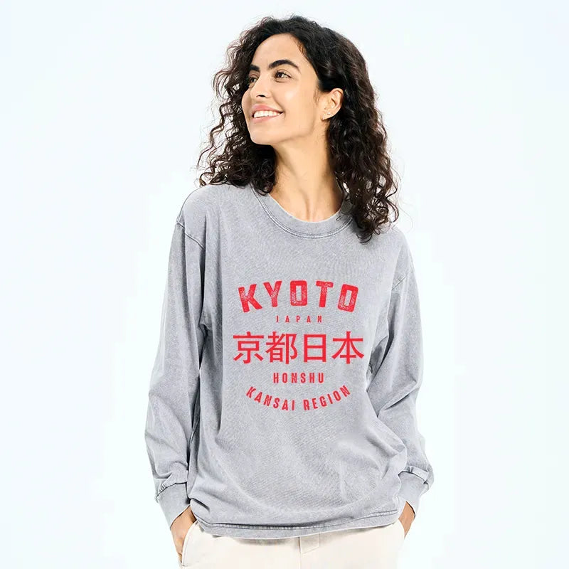 Kyoto-Lion Kyoto City Japan Vintage Washed Long Sleeve T-Shirt