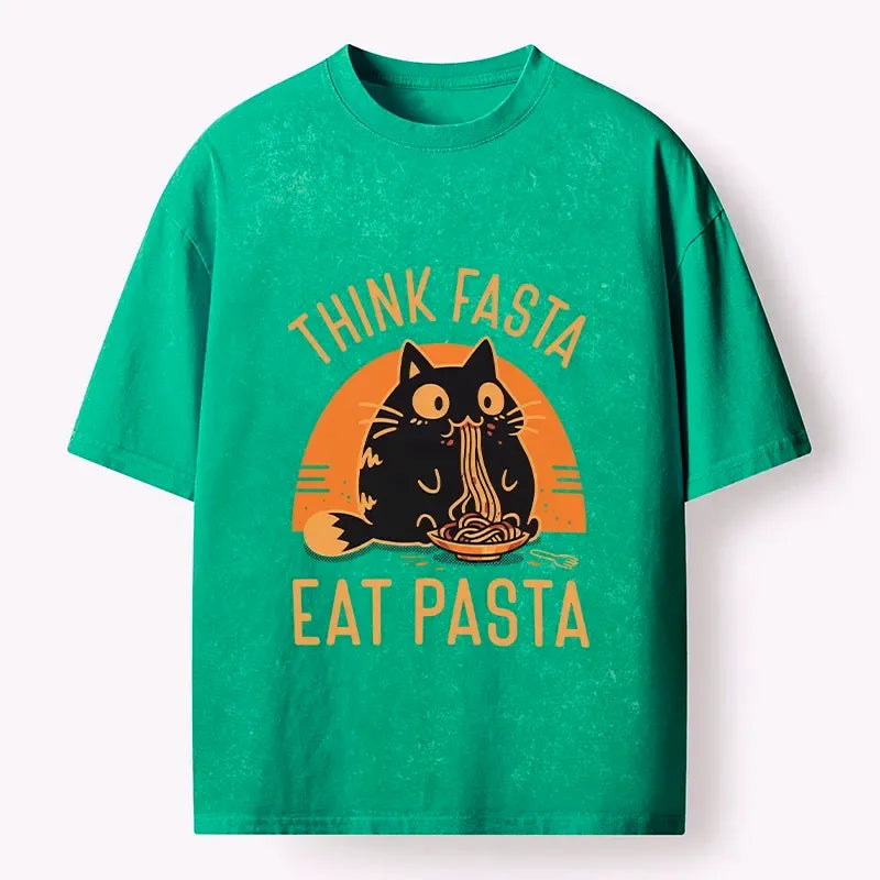 Kyoto-Lion Cute Black Cat Eating Pasta Washed T-Shirt