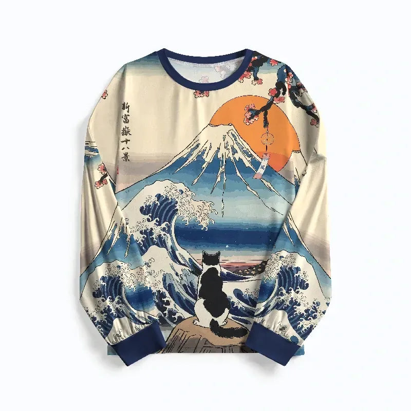 Japanese Great Wave Cat Pajama Sets for Family