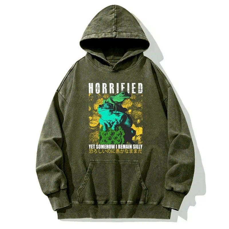 Kyoto-Lion Horrified Two Frogs Funny Washed Hoodie