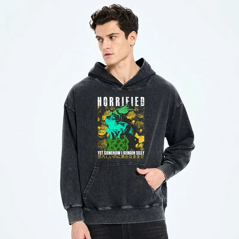 Kyoto-Lion Horrified Two Frogs Funny Washed Hoodie