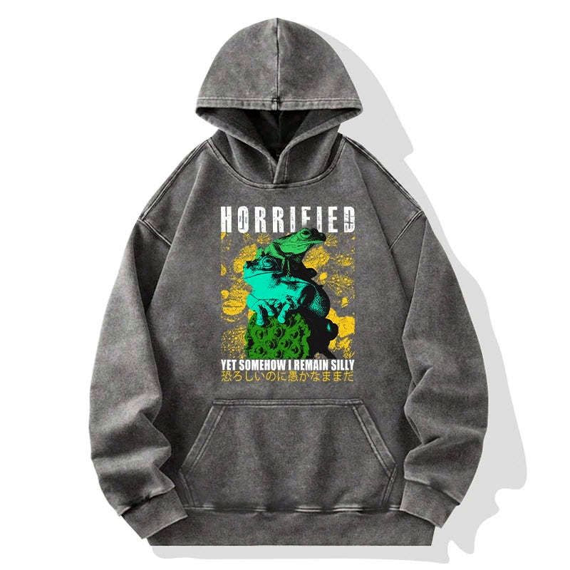 Kyoto-Lion Horrified Two Frogs Funny Washed Hoodie