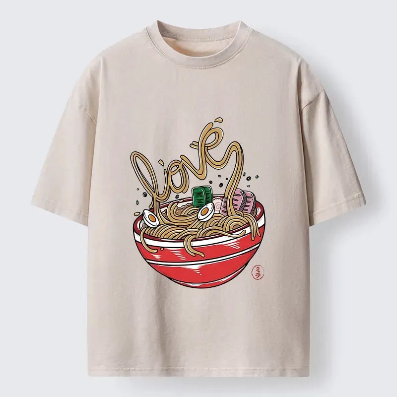 Kyoto-Lion Ramen Noodles Spell Love Graphic Washed T-Shirt