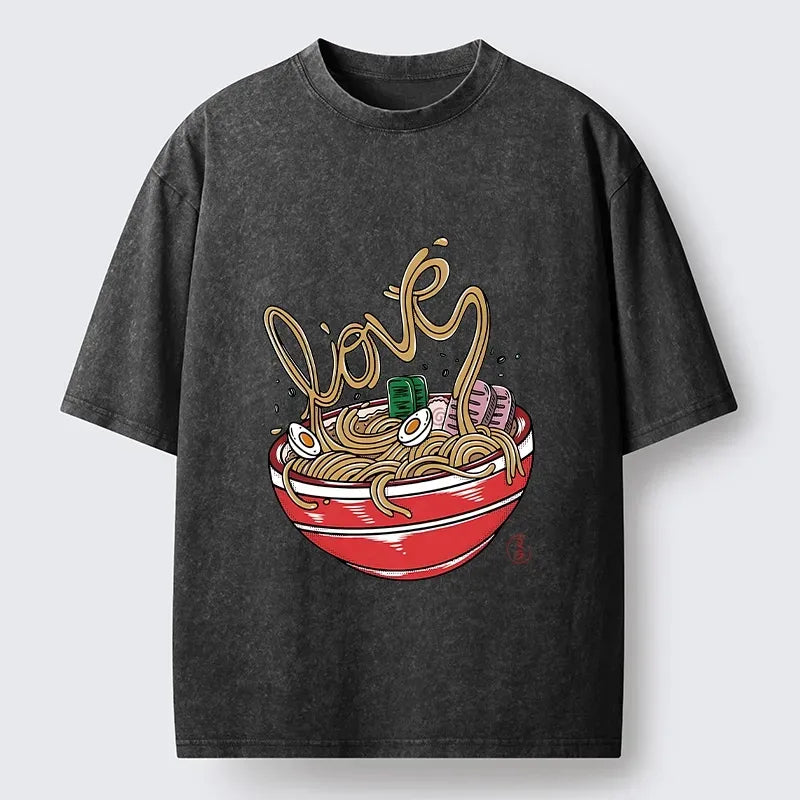 Kyoto-Lion Ramen Noodles Spell Love Graphic Washed T-Shirt