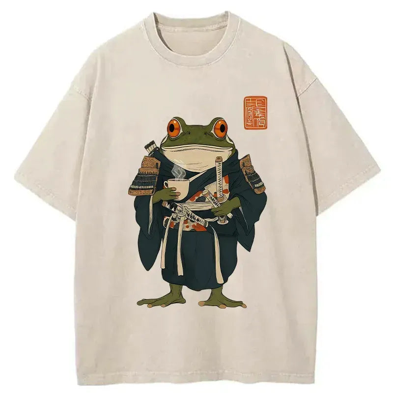 Kyoto-Lion Frog Samurai Drinking Tea Washed T-Shirt