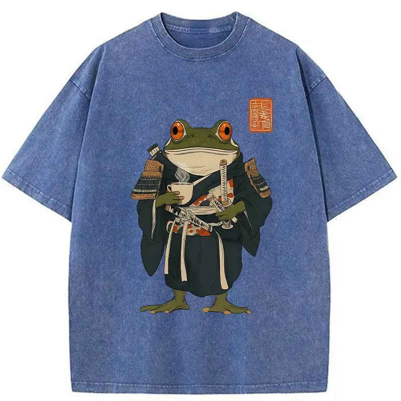 Kyoto-Lion Frog Samurai Drinking Tea Washed T-Shirt