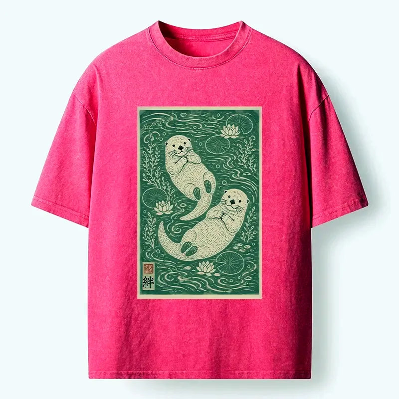 japanese two otters lotus pond t-shirt