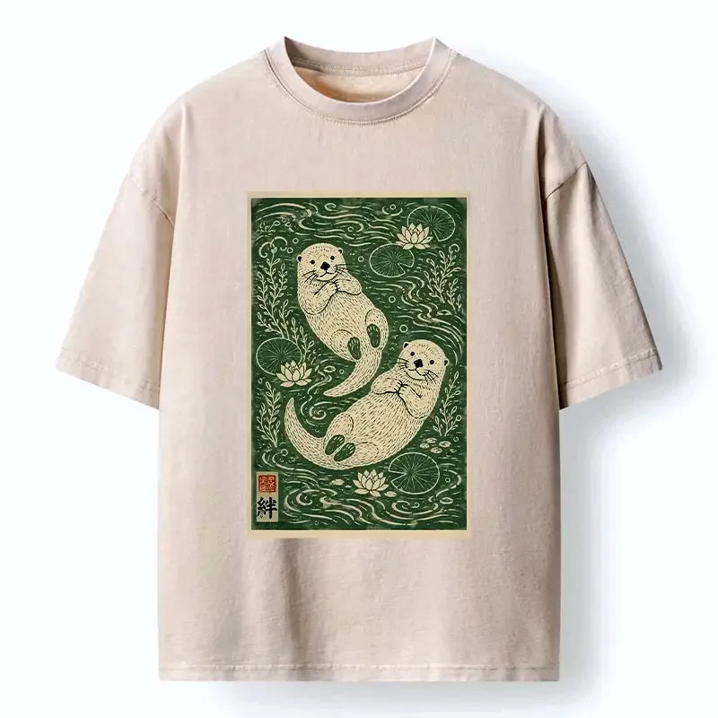 Kyoto-Lion Two Otters Float In Lotus Pond Washed T-Shirt