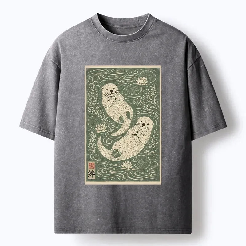 Kyoto-Lion Two Otters Float In Lotus Pond Washed T-Shirt