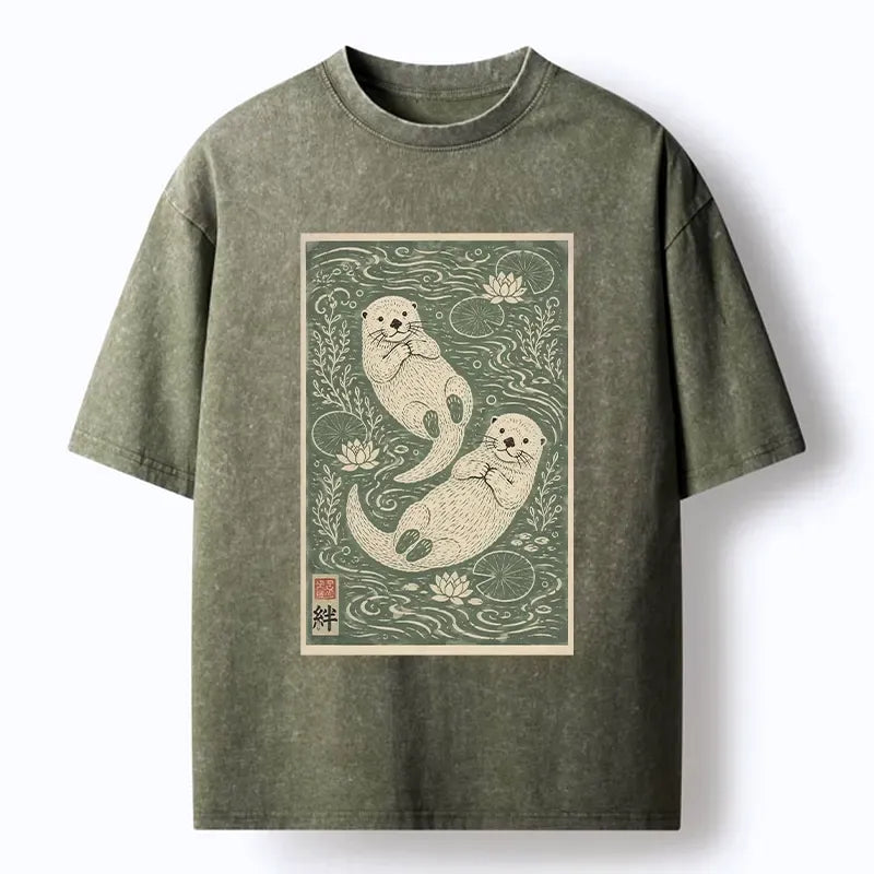 Kyoto-Lion Two Otters Float In Lotus Pond Washed T-Shirt